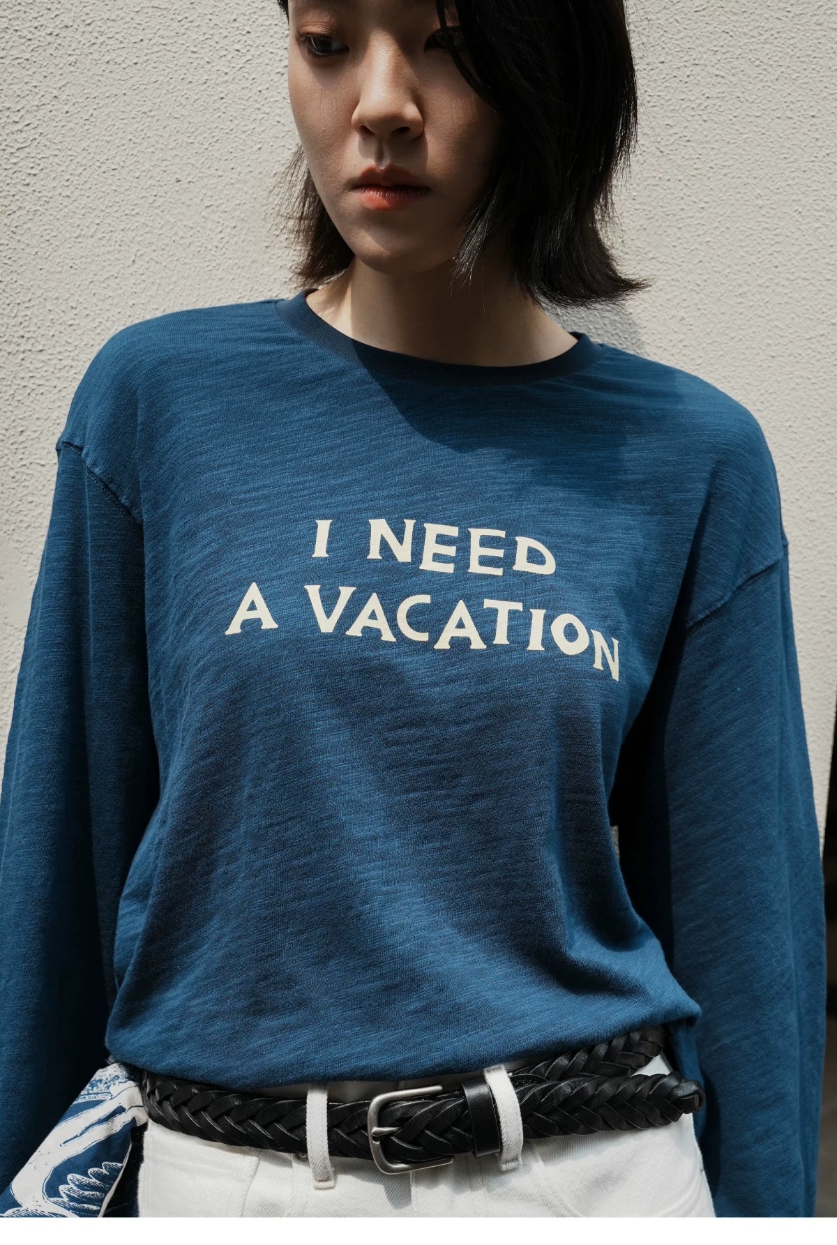 I Need A Vacation Slub Cotton Long Sleeve Tee - Navy front close-up