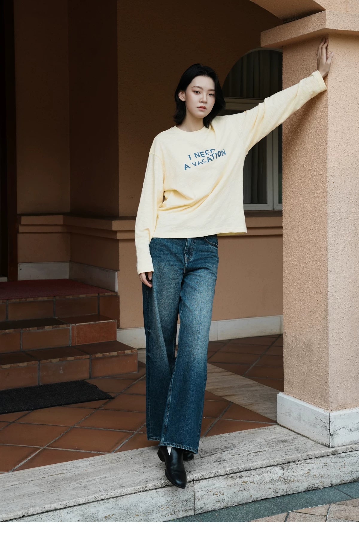 I Need A Vacation Slub Cotton Long Sleeve Tee - Light Yellow full look