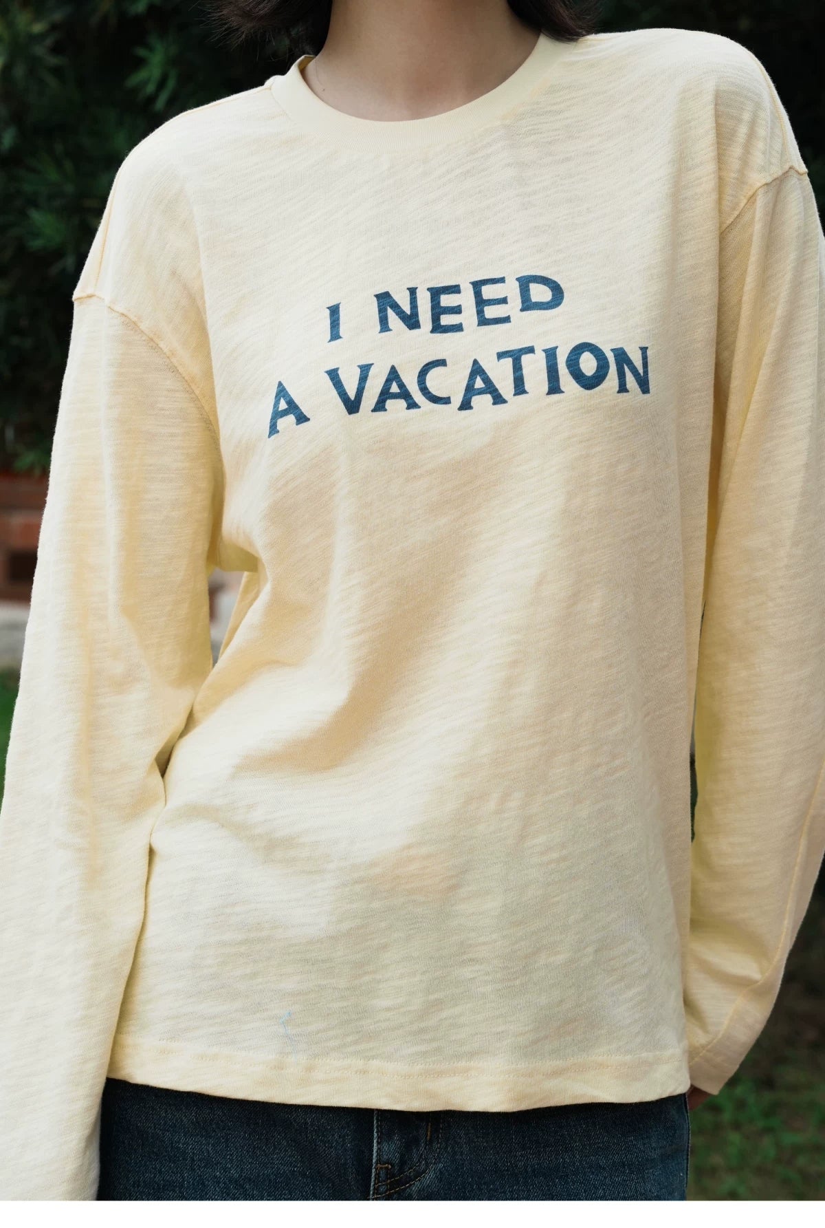 I Need A Vacation Slub Cotton Long Sleeve Tee - Light Yellow front