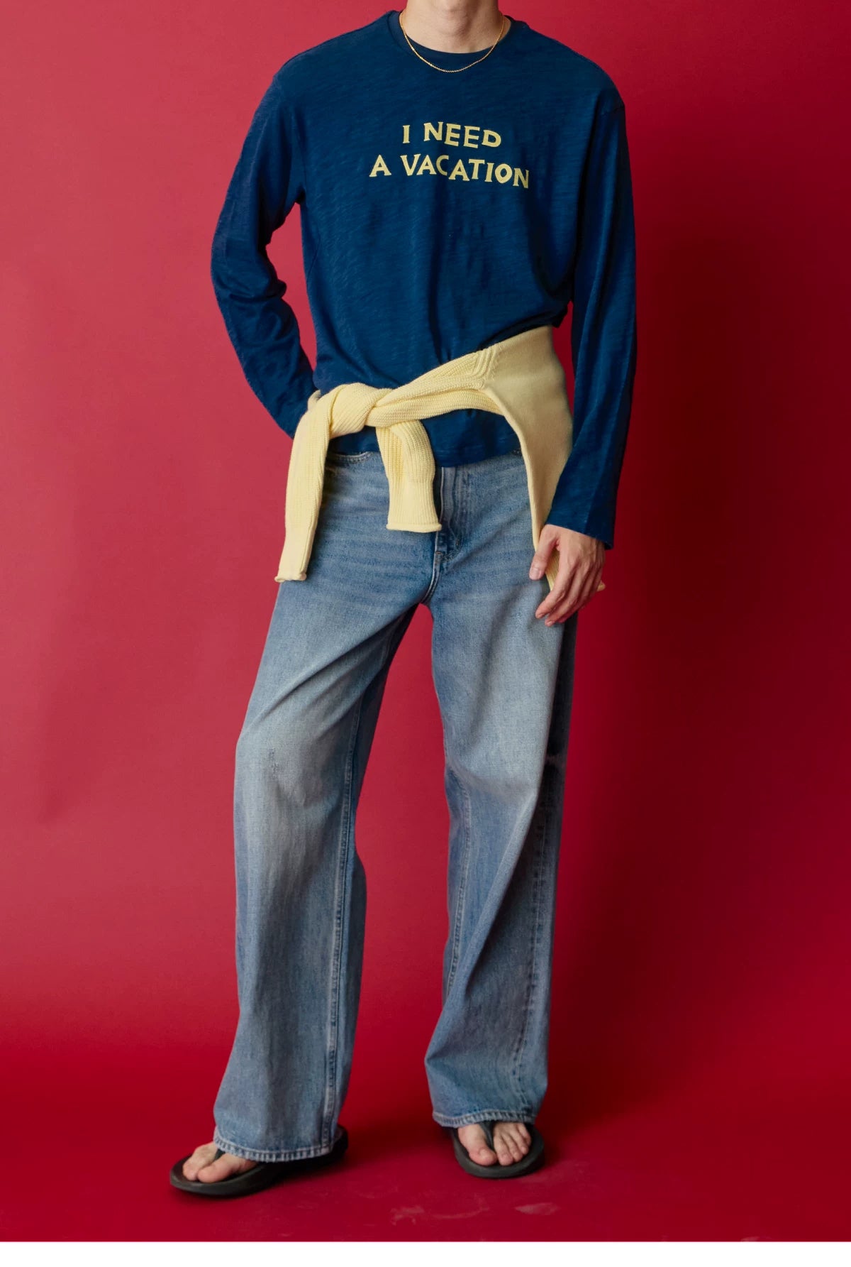 I Need A Vacation Slub Cotton Long Sleeve Tee - Navy full look