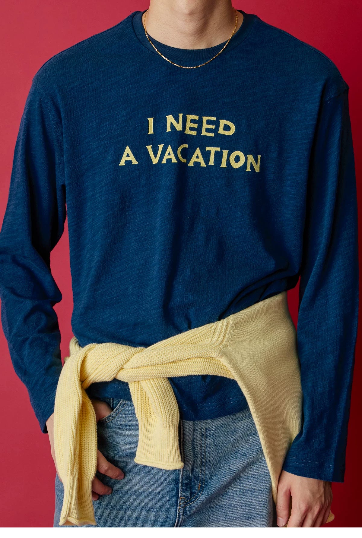 I Need A Vacation Slub Cotton Long Sleeve Tee - Navy front detail