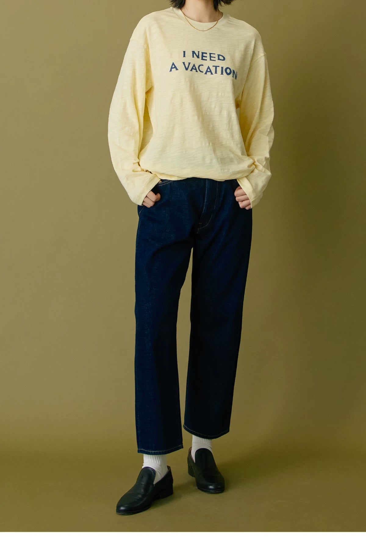 I Need A Vacation Slub Cotton Long Sleeve Tee - Light Yellow full look