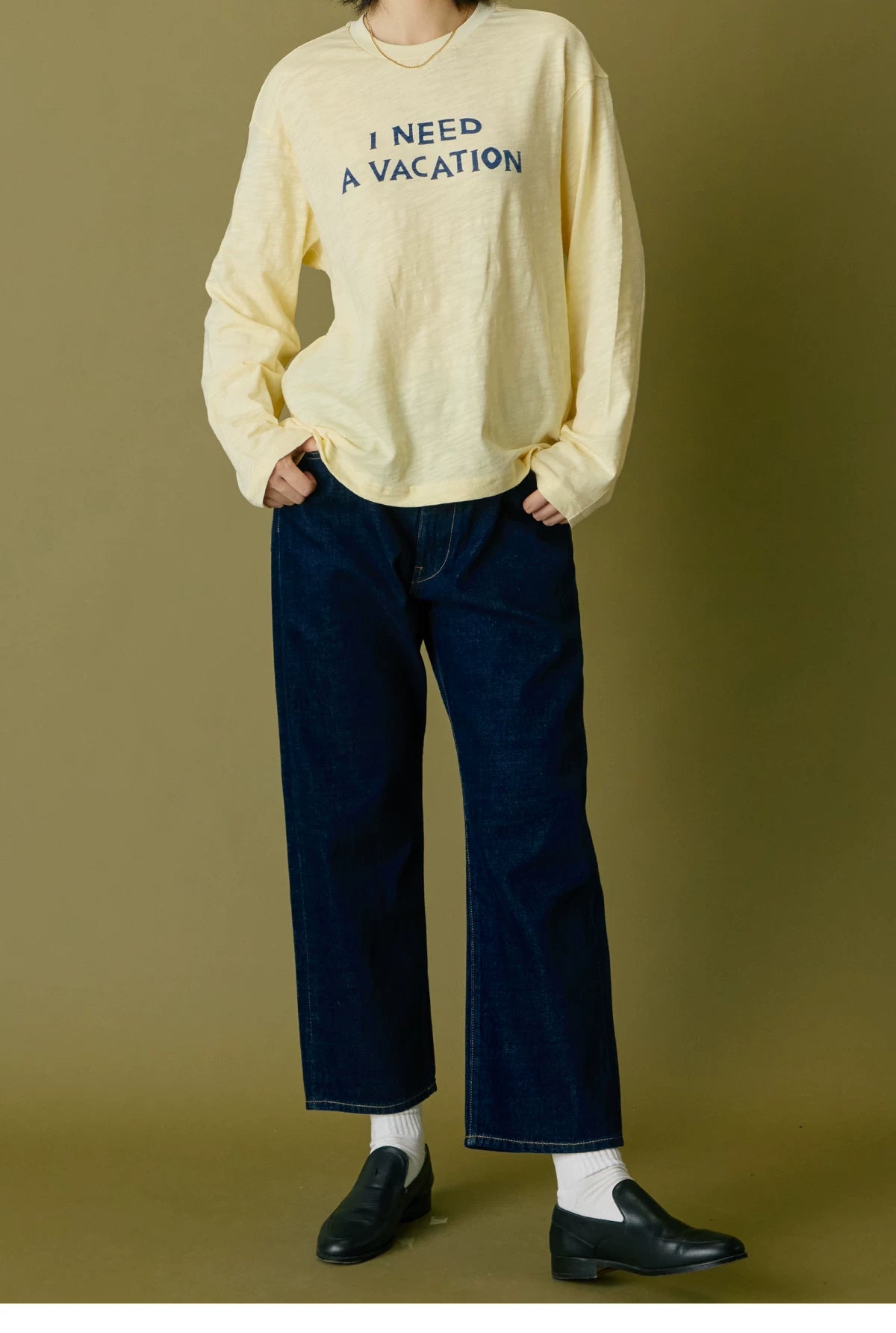 I Need A Vacation Slub Cotton Long Sleeve Tee - Light Yellow side