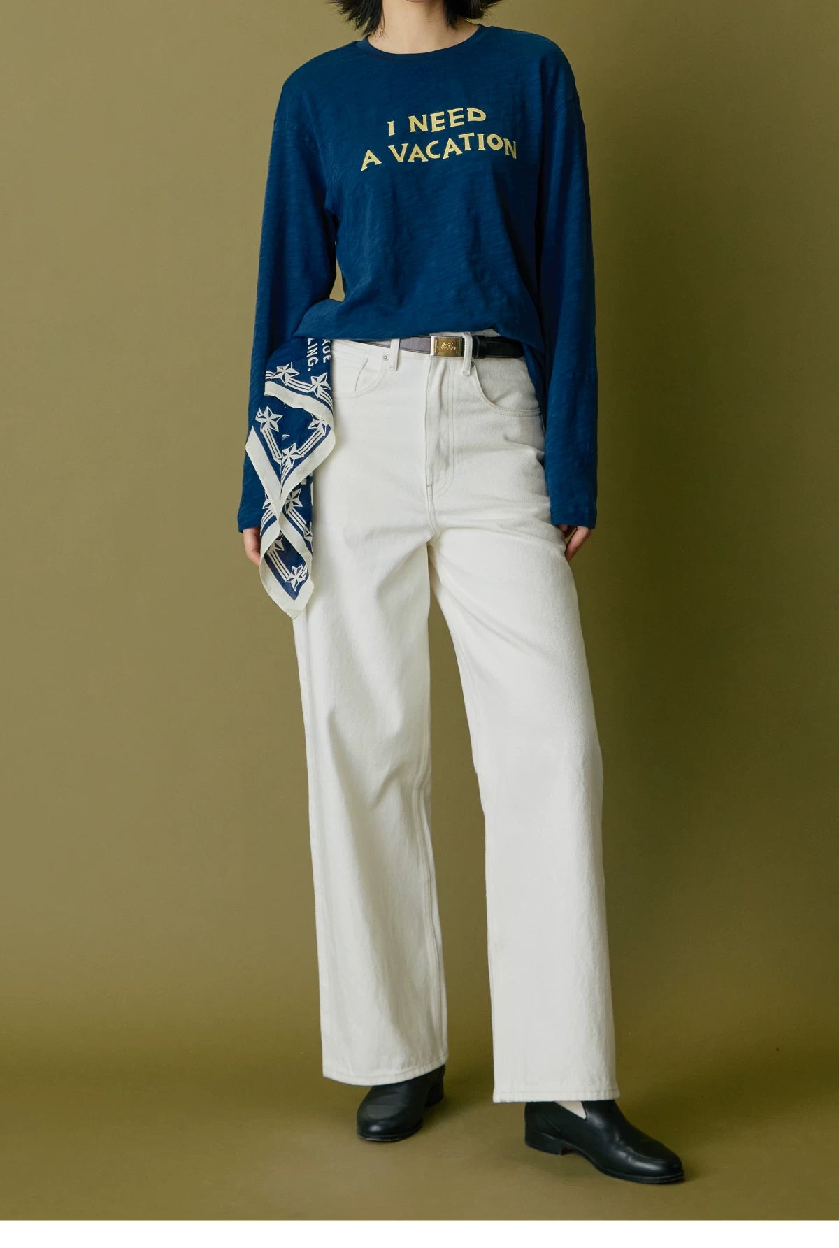 I Need A Vacation Slub Cotton Long Sleeve Tee - Navy full look