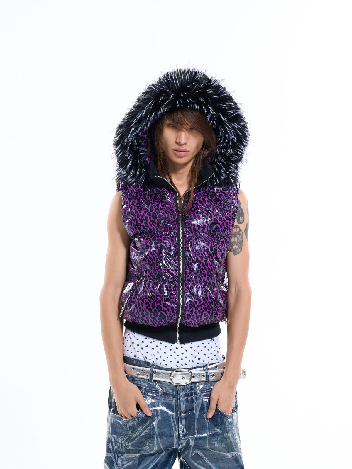 Fourth3ex Leopard Fur-Trim Hooded Vest - Purple view 1