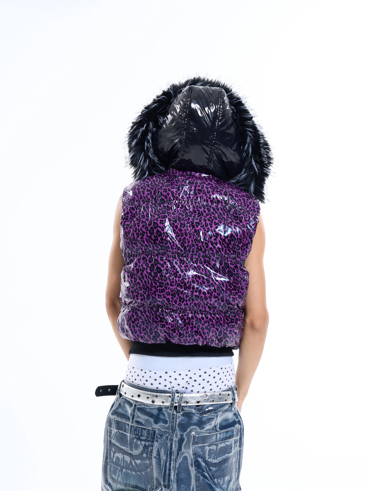 Fourth3ex Leopard Fur-Trim Hooded Vest - Purple view 2
