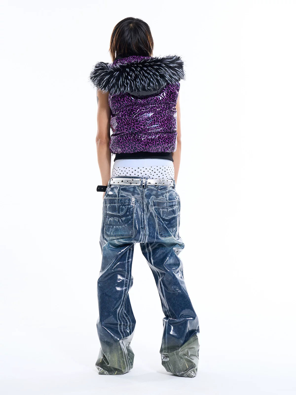 Fourth3ex Leopard Fur-Trim Hooded Vest - Purple view 4