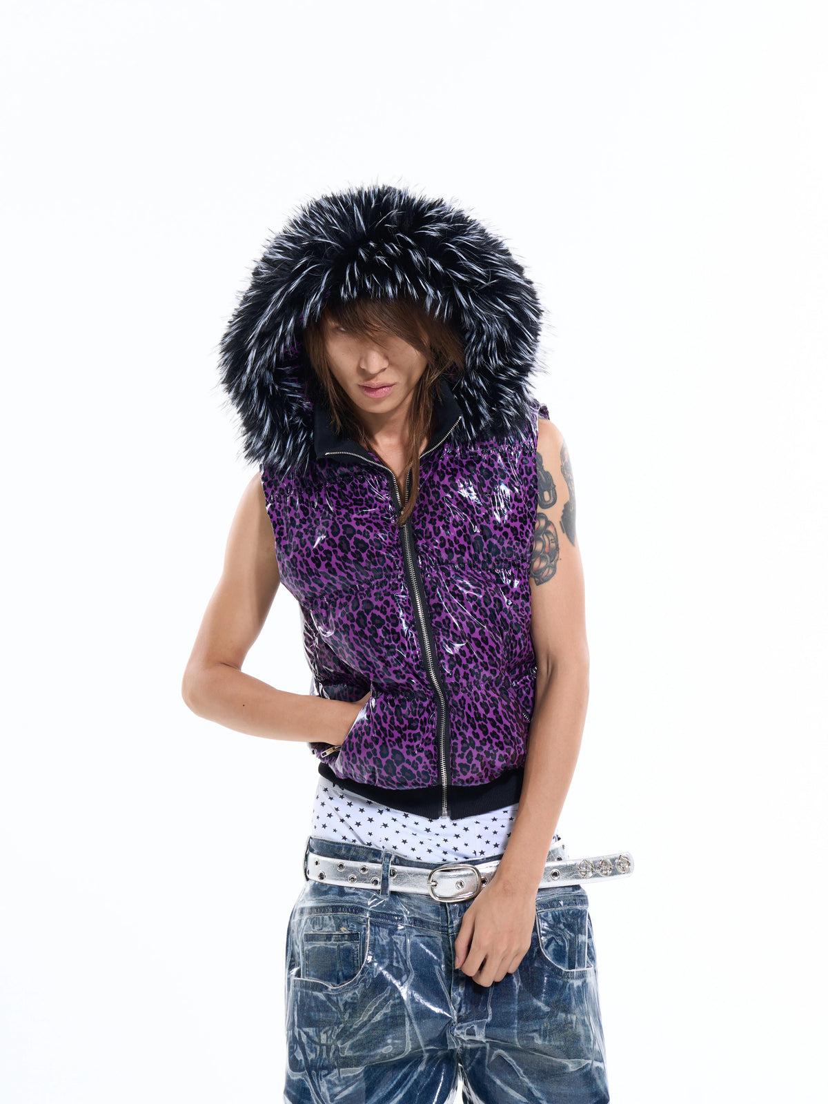 Fourth3ex Leopard Fur-Trim Hooded Vest - Purple view 7