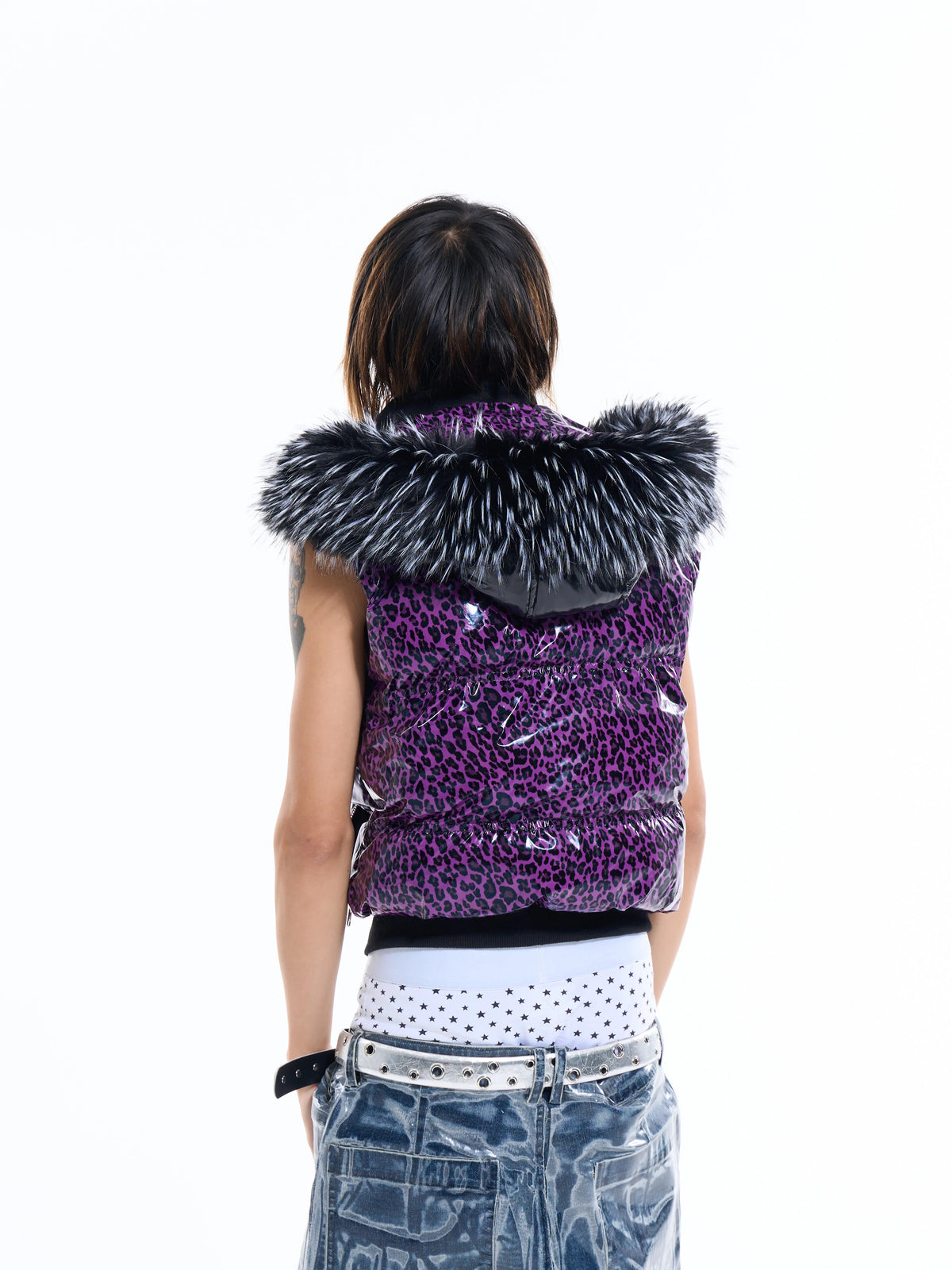 Fourth3ex Leopard Fur-Trim Hooded Vest - Purple view 9