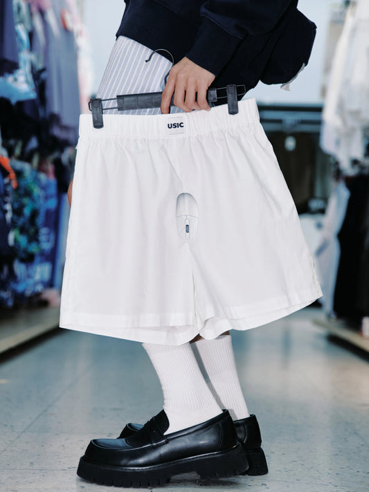 USIC white cotton boxer shorts with mouse graphic, held front view