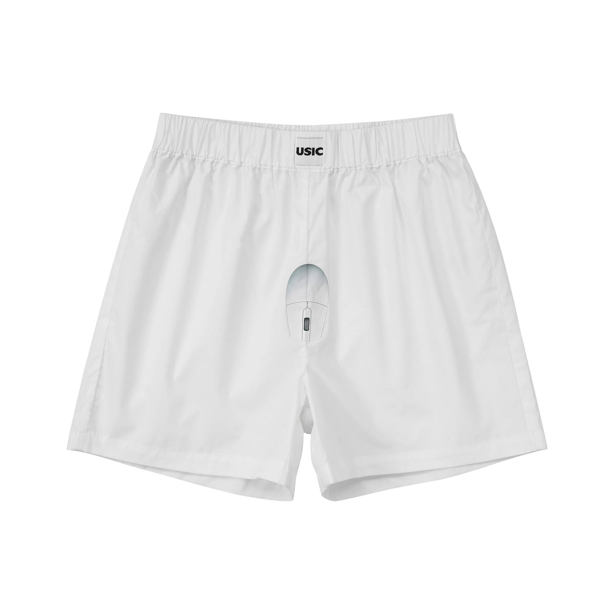 USIC white cotton boxer shorts with mouse graphic, front view
