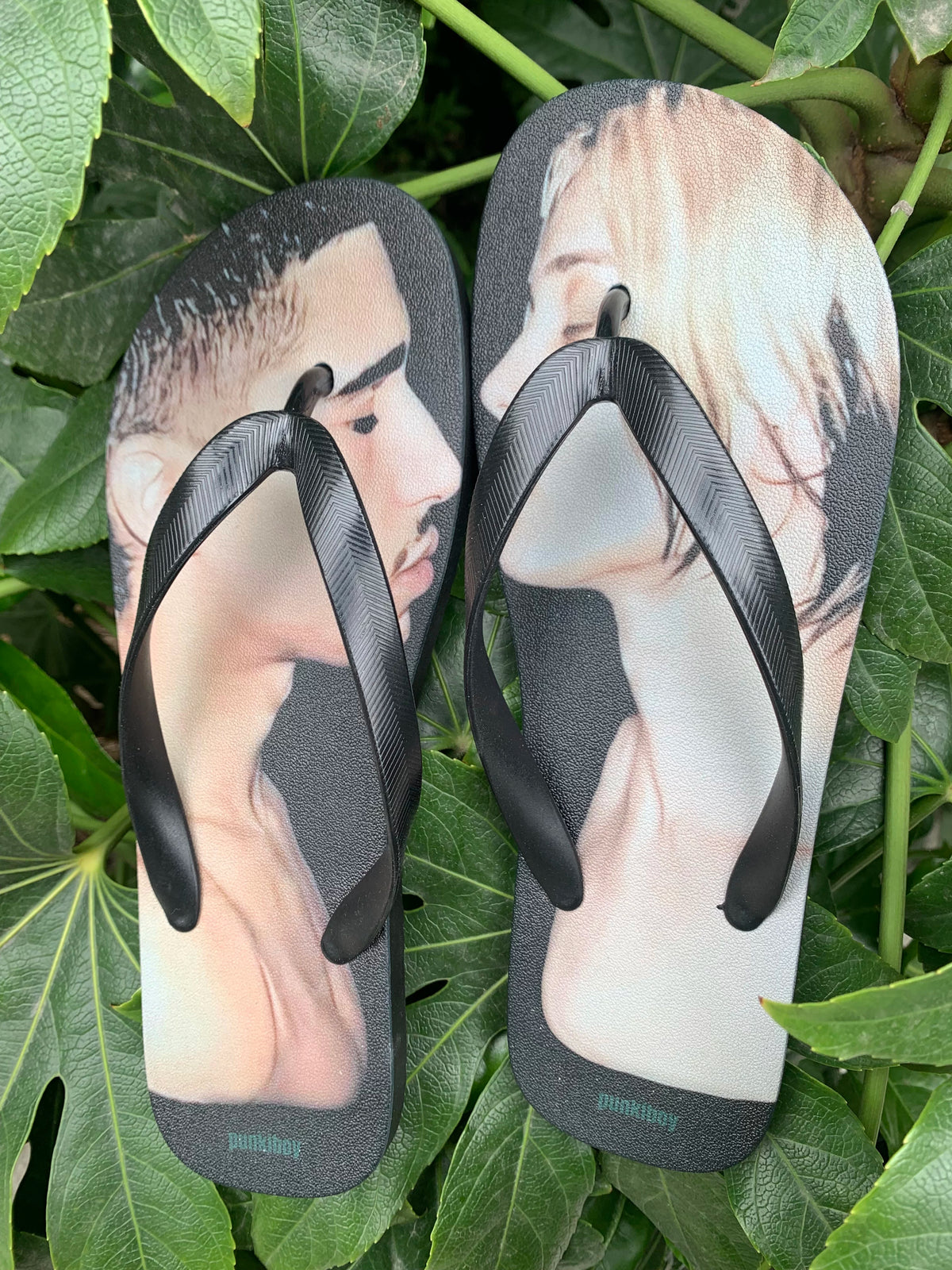 punkiboy Face-to-Face Graphic Flip-Flops - pair against foliage