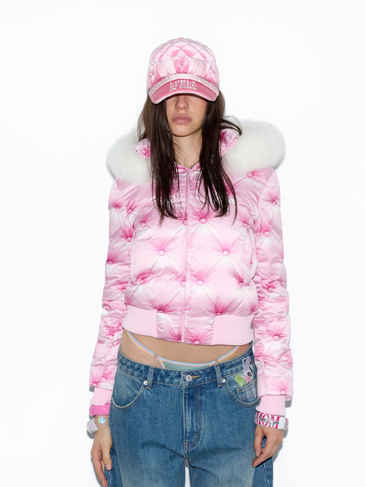Norgira pink tufted sofa print down jacket front