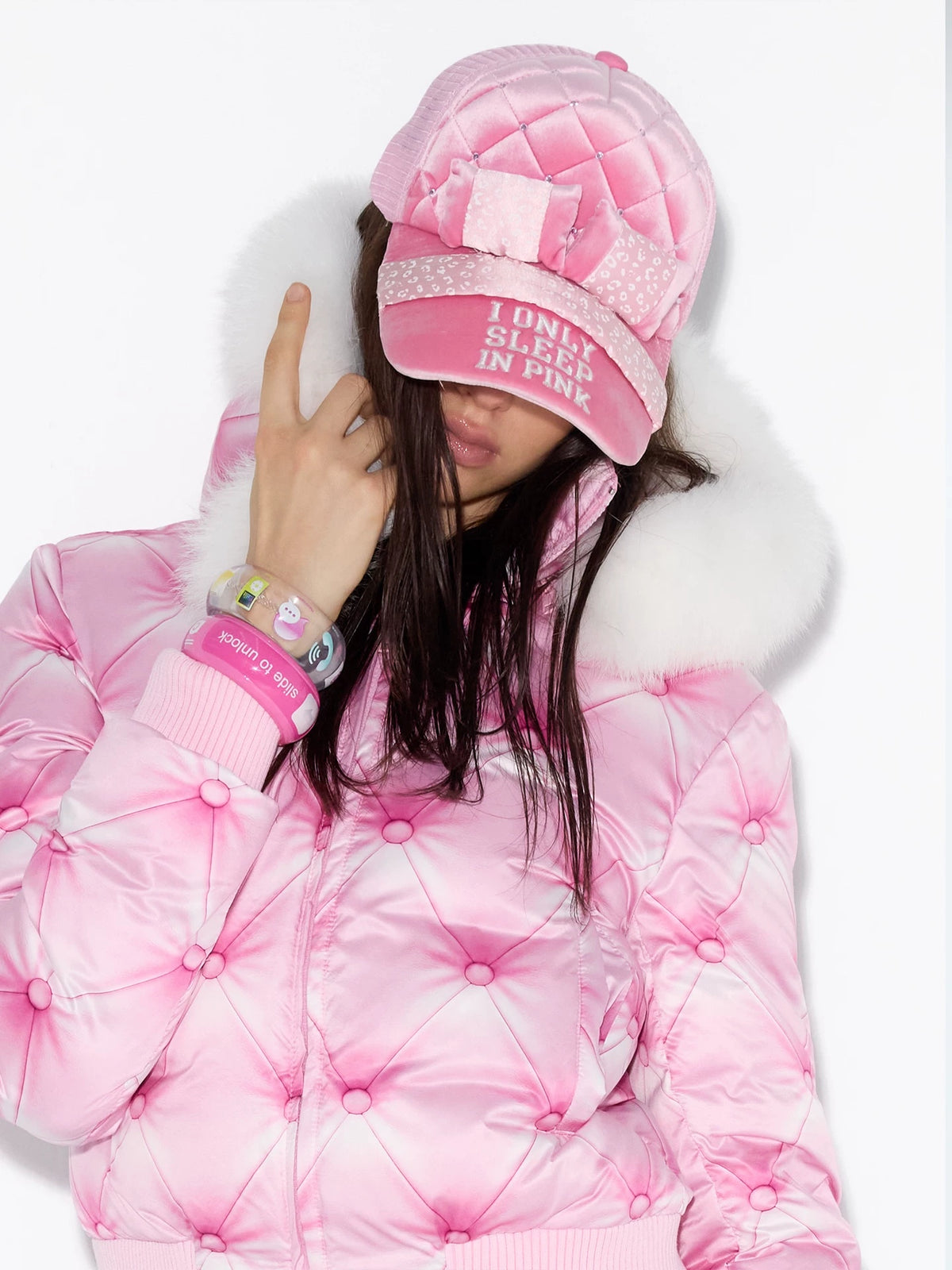 Pink tufted print and hood trim detail