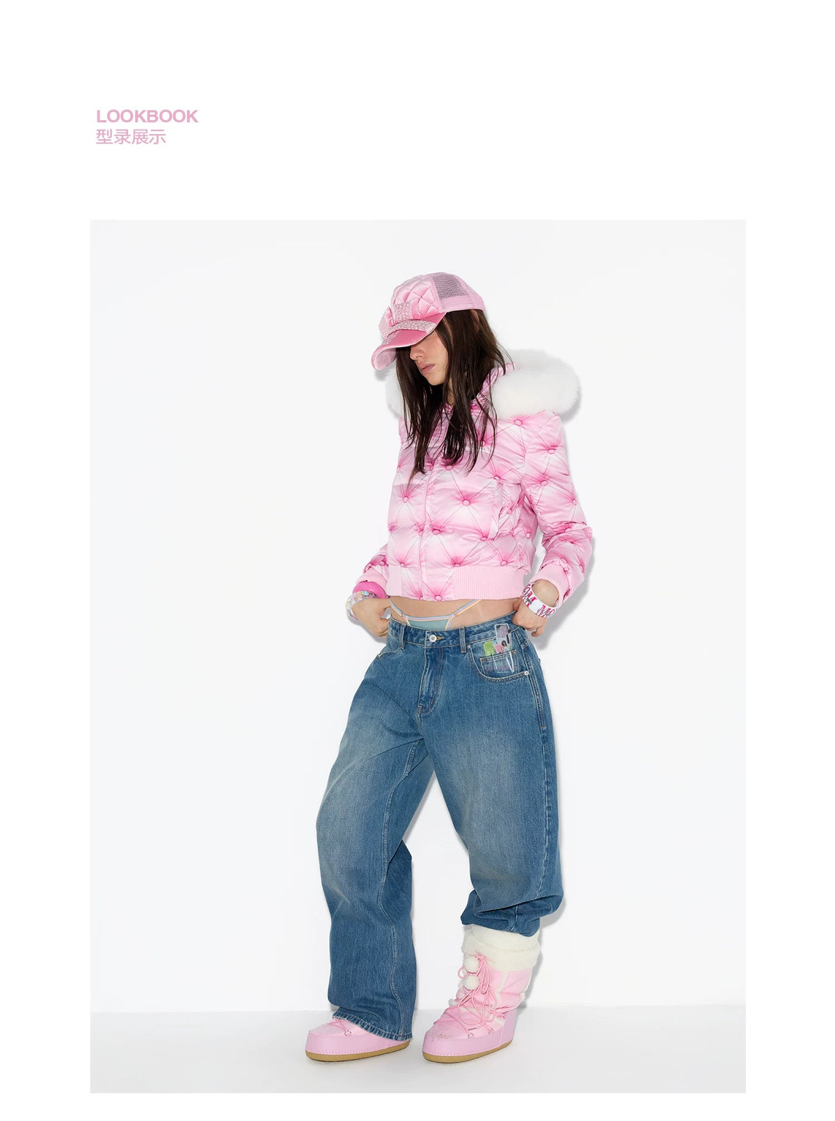 Norgira pink printed down jacket on model