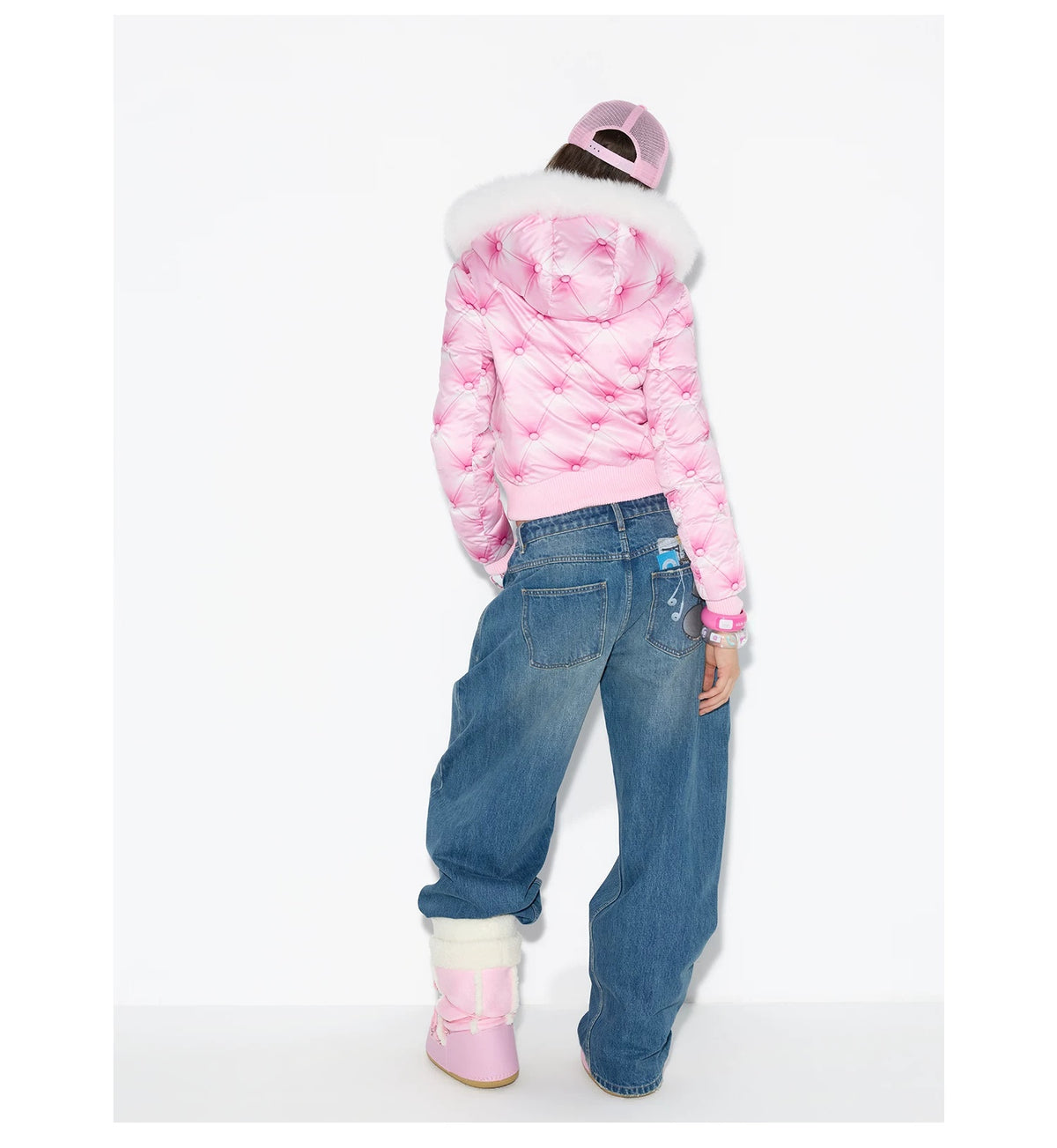 Pink sofa print down jacket front view