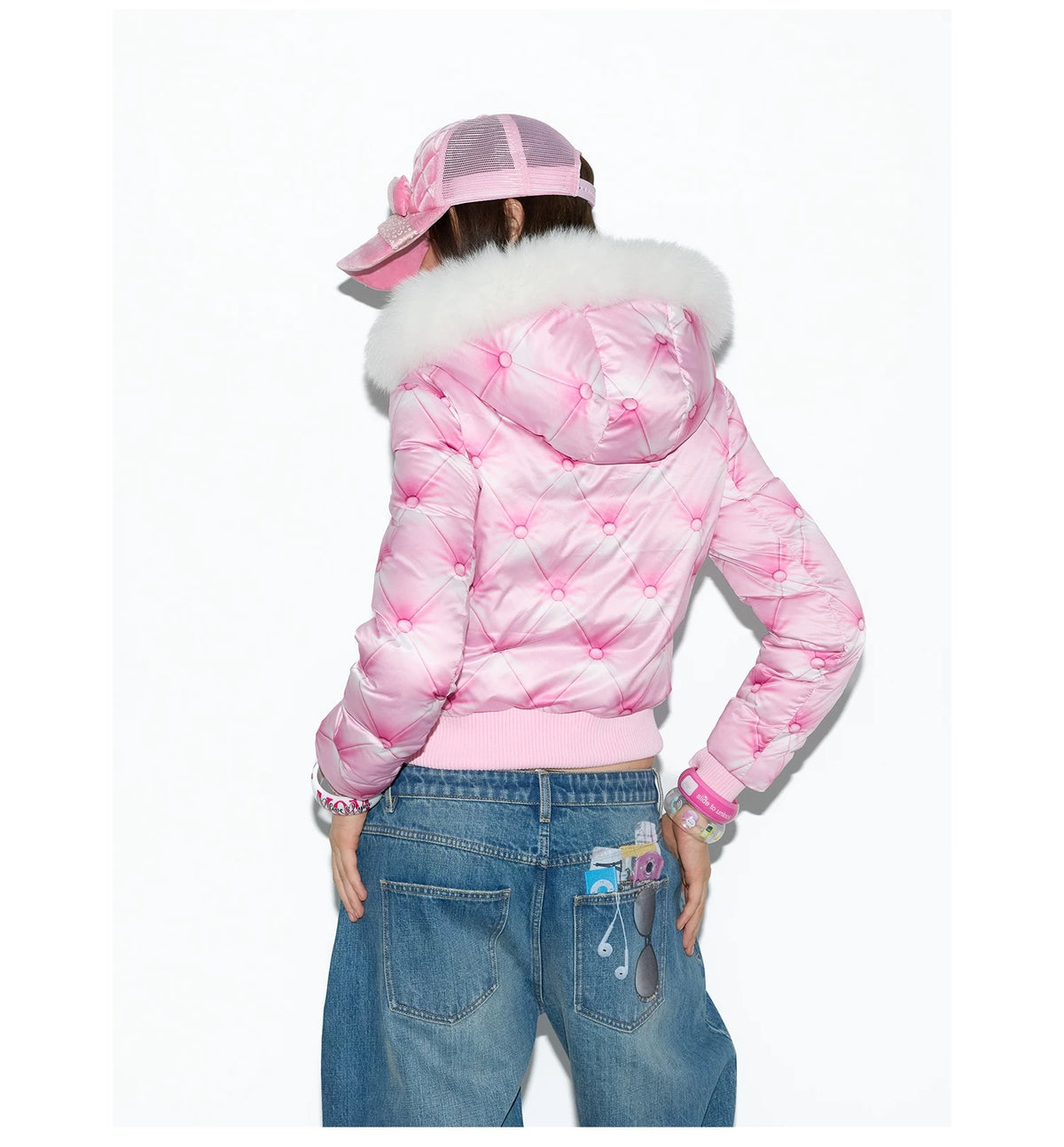 Pink down jacket zipped front and cuffs