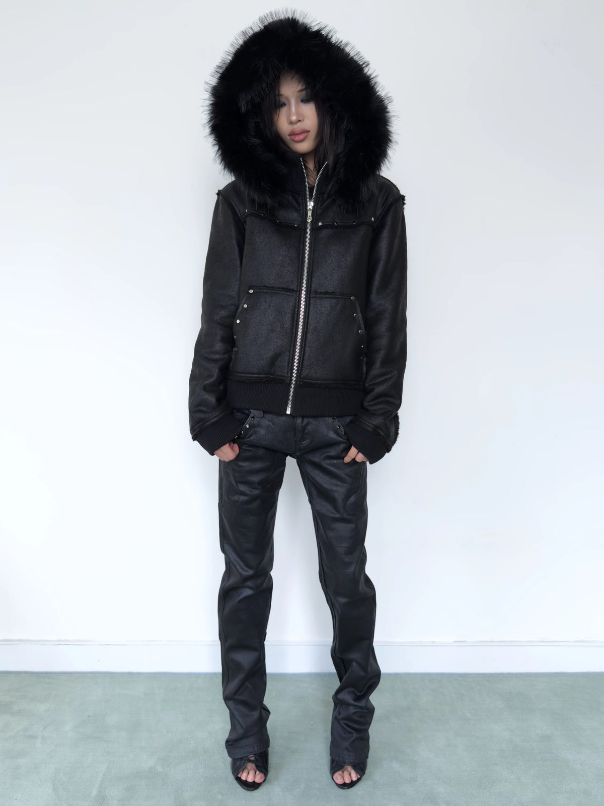 NumbAsia Crackle Texture Fur-Trim Hooded Jacket - model full front