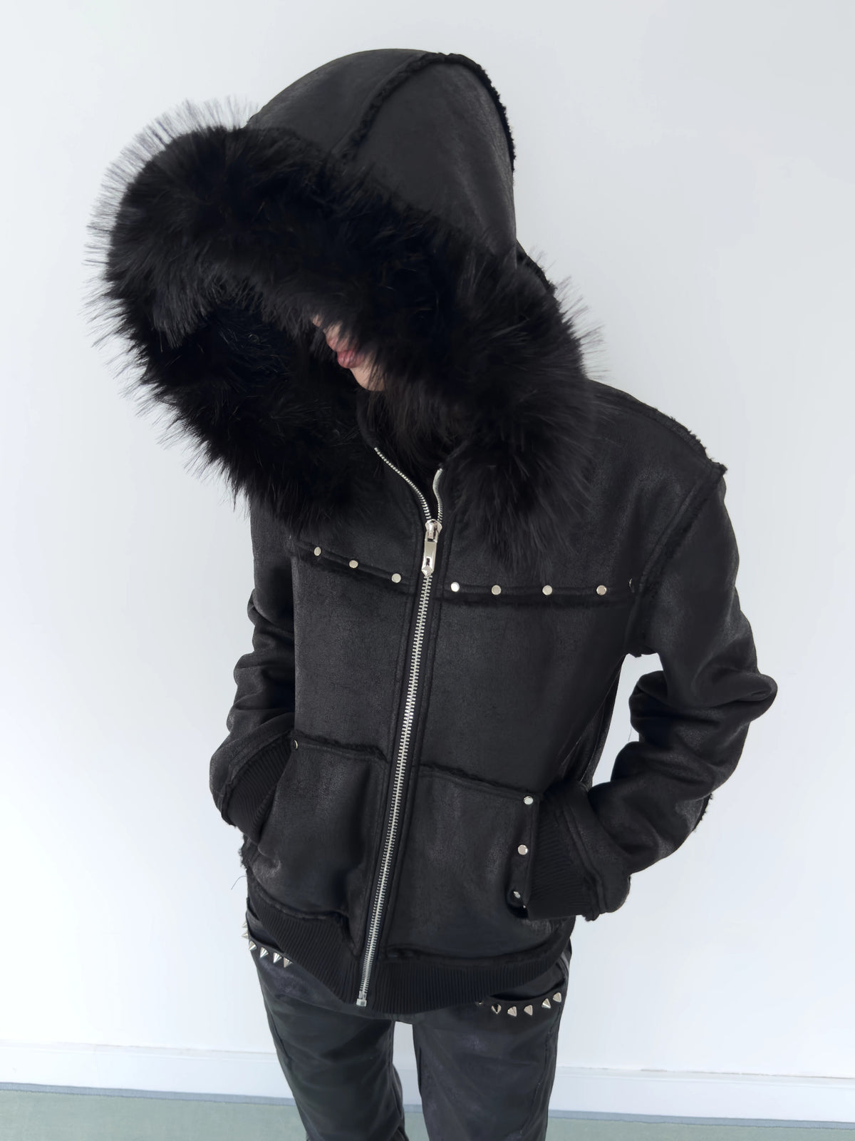 NumbAsia Crackle Texture Fur-Trim Hooded Jacket - hood model look