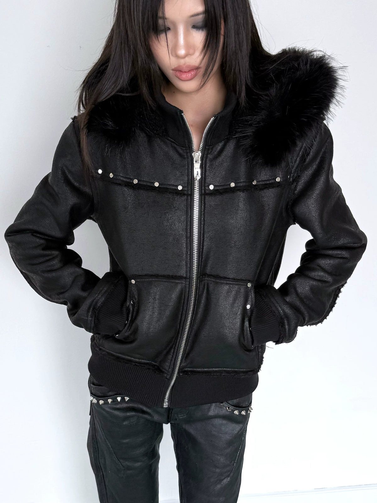 NumbAsia Crackle Texture Fur-Trim Hooded Jacket - model front detail