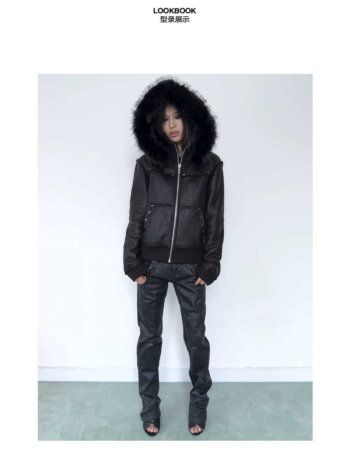 NumbAsia Crackle Texture Fur-Trim Hooded Jacket - model angle 1