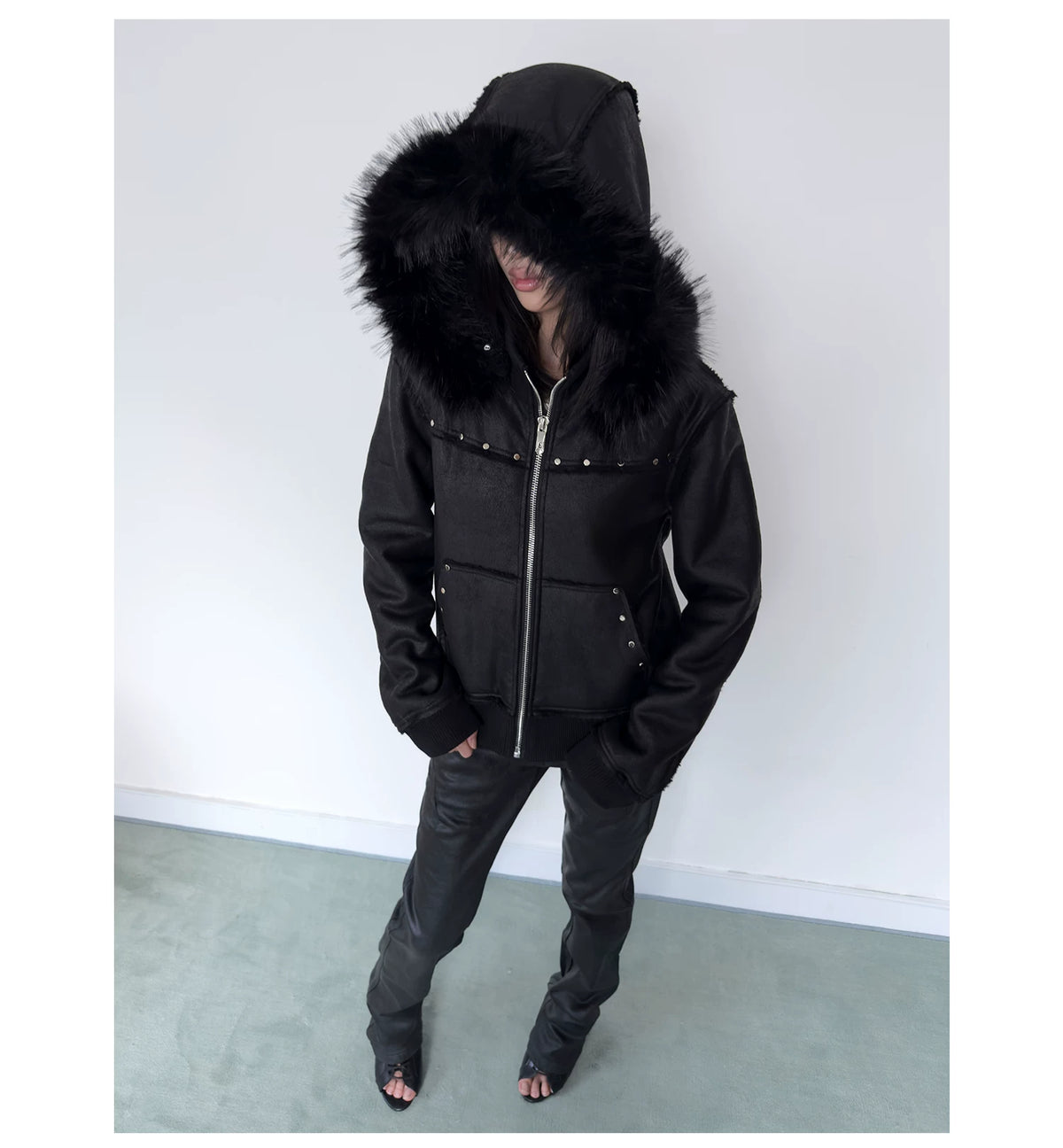 NumbAsia Crackle Texture Fur-Trim Hooded Jacket - model angle 2