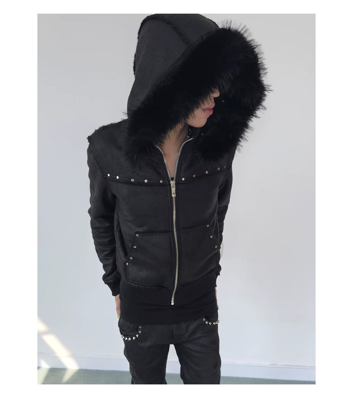 NumbAsia Crackle Texture Fur-Trim Hooded Jacket - model angle 3