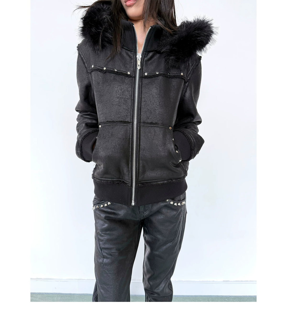 NumbAsia Crackle Texture Fur-Trim Hooded Jacket - model angle 4