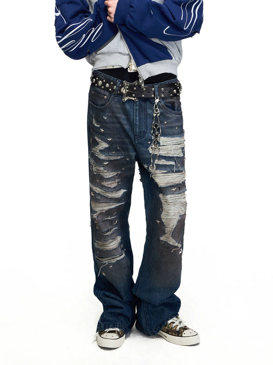 PEOPLESENSE Star Studded Distressed Flared Jeans - front, chain and belt