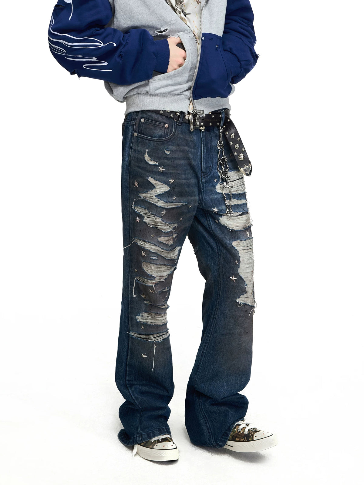 PEOPLESENSE Star Studded Distressed Flared Jeans - front, side angle