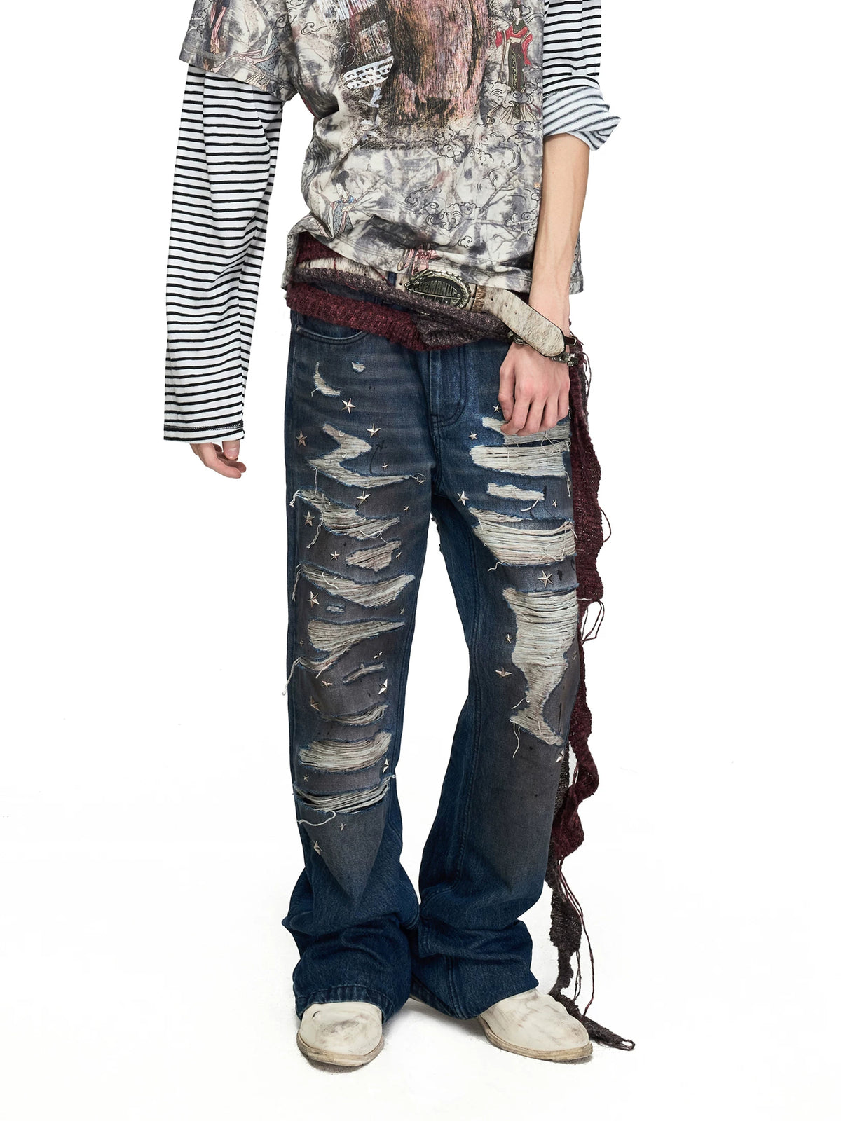 PEOPLESENSE Star Studded Distressed Flared Jeans - front with striped layers