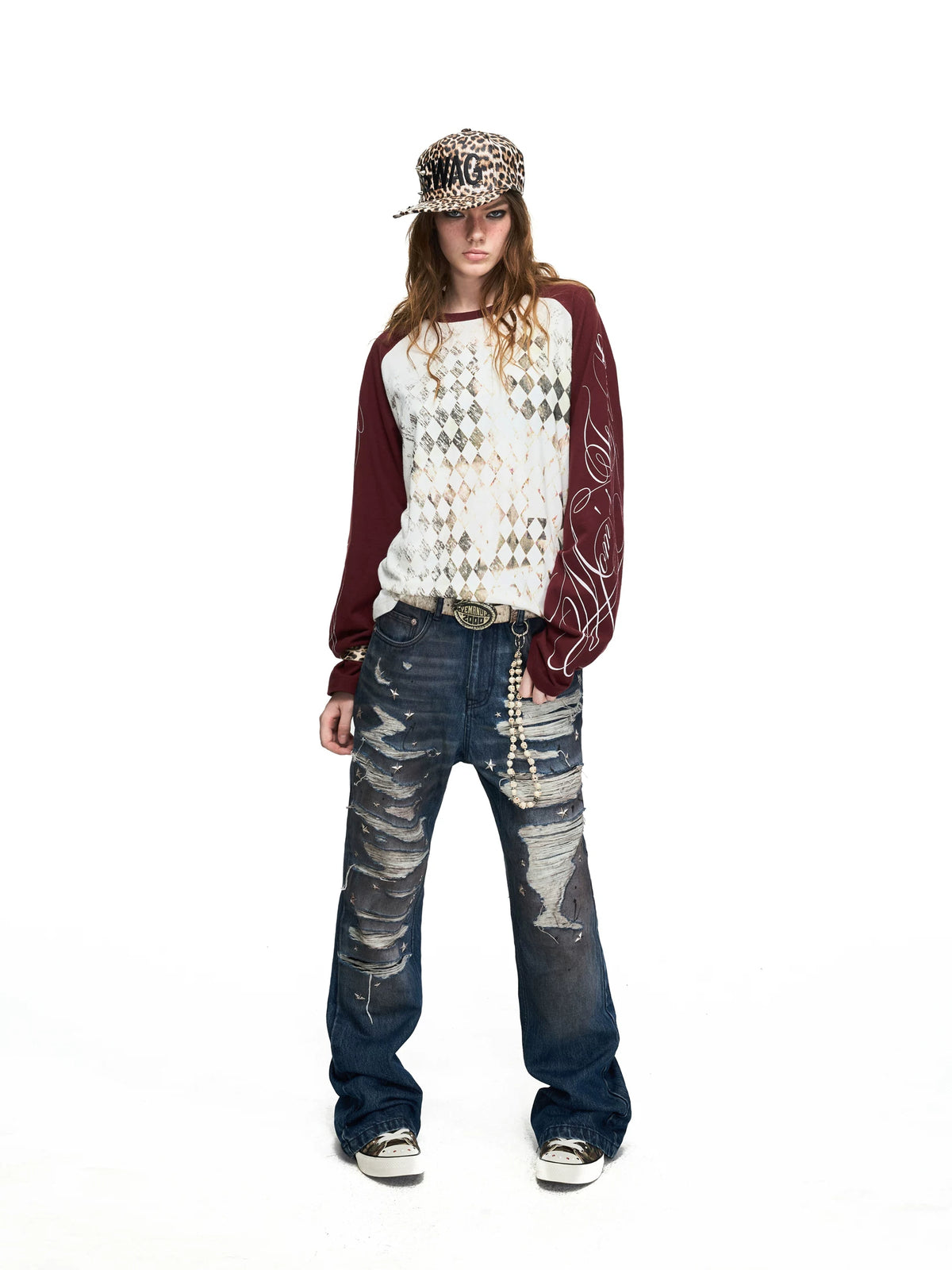 PEOPLESENSE Star Studded Distressed Flared Jeans - full length