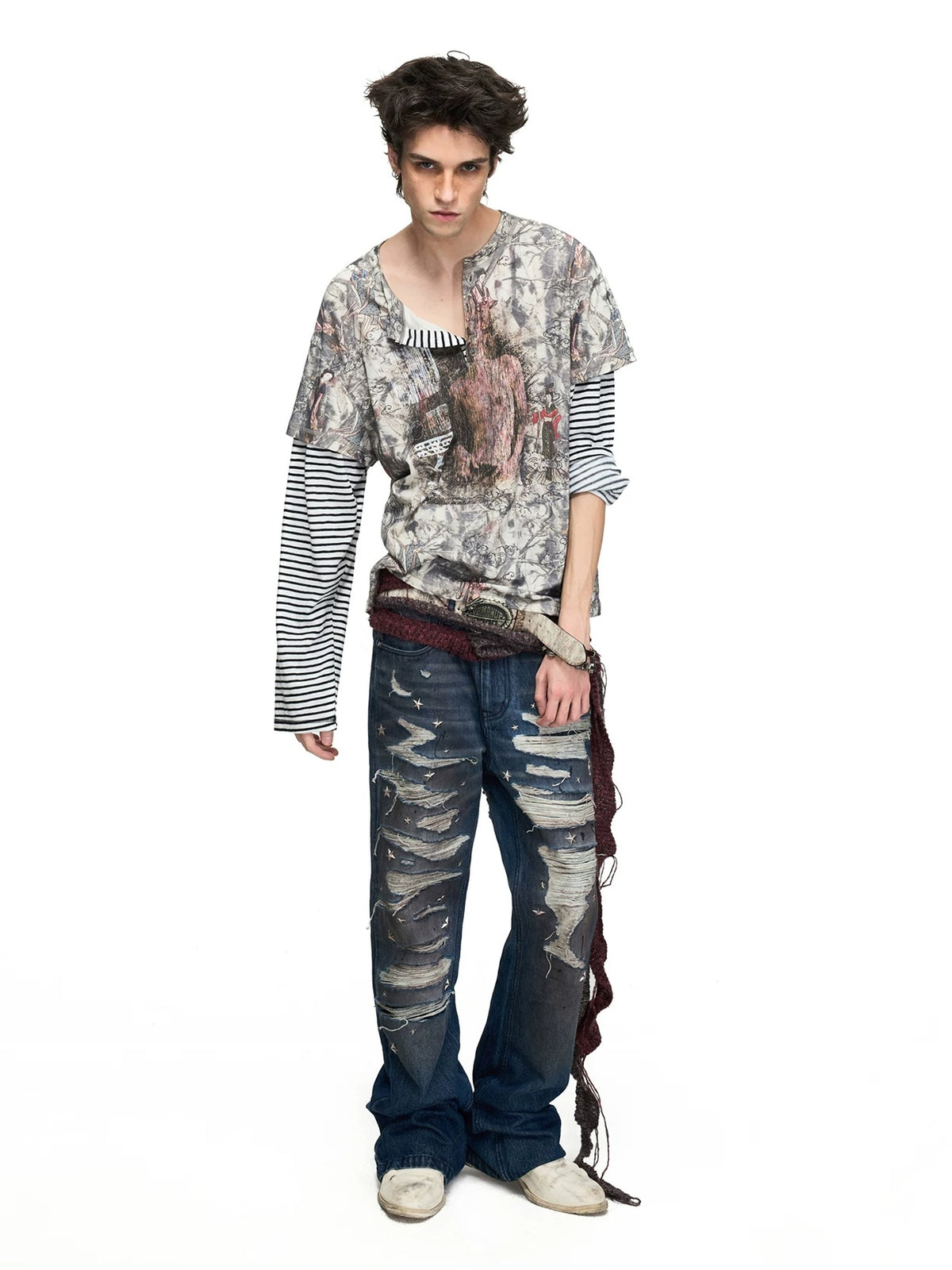 PEOPLESENSE Star Studded Distressed Flared Jeans - model front