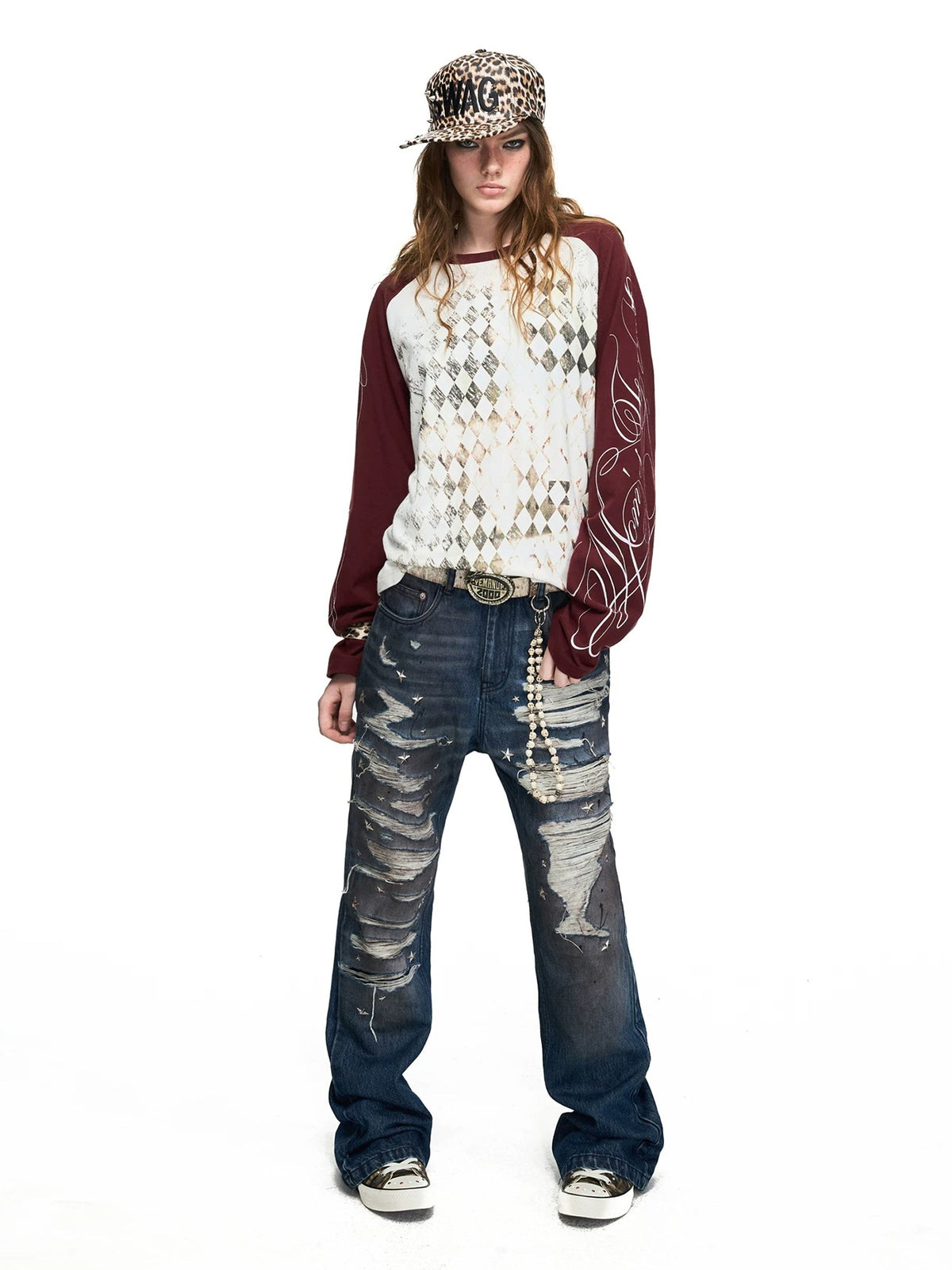 PEOPLESENSE Star Studded Distressed Flared Jeans - full length with cap