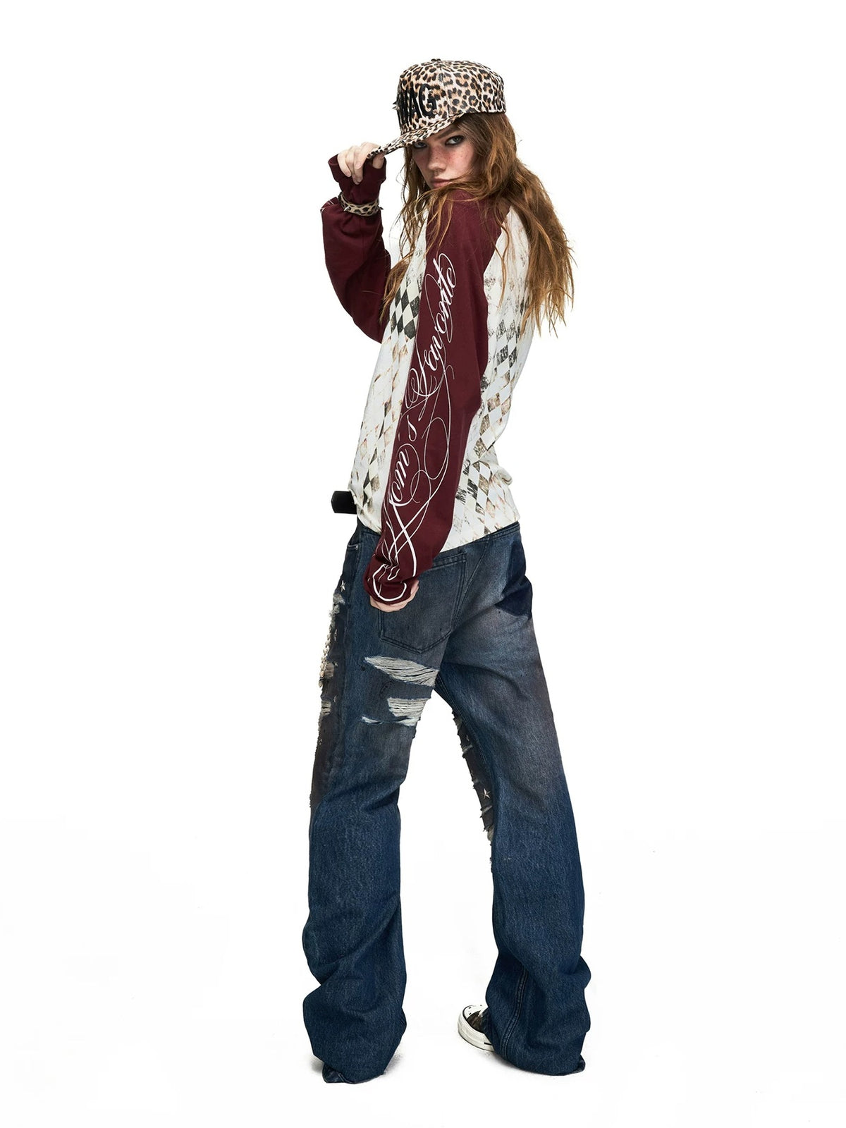 PEOPLESENSE Star Studded Distressed Flared Jeans - rear three-quarter