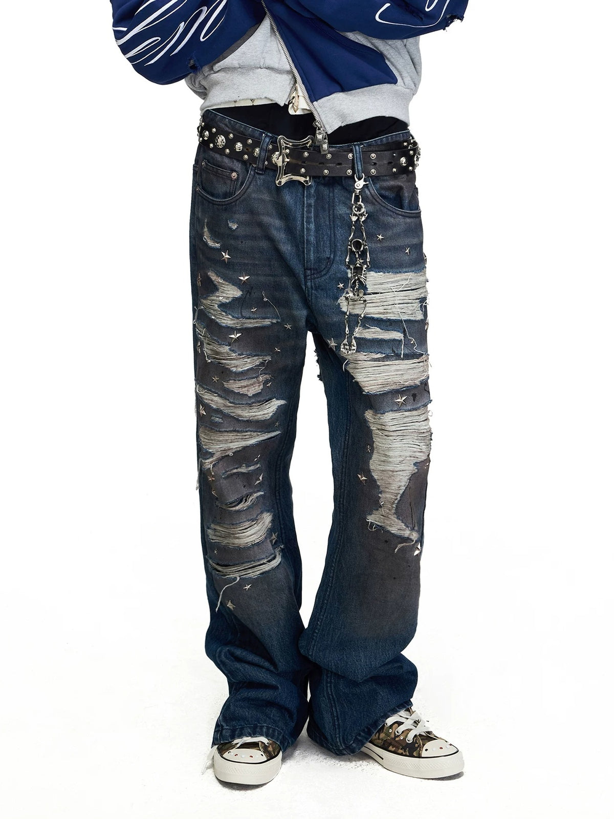 PEOPLESENSE Star Studded Distressed Flared Jeans - front detail