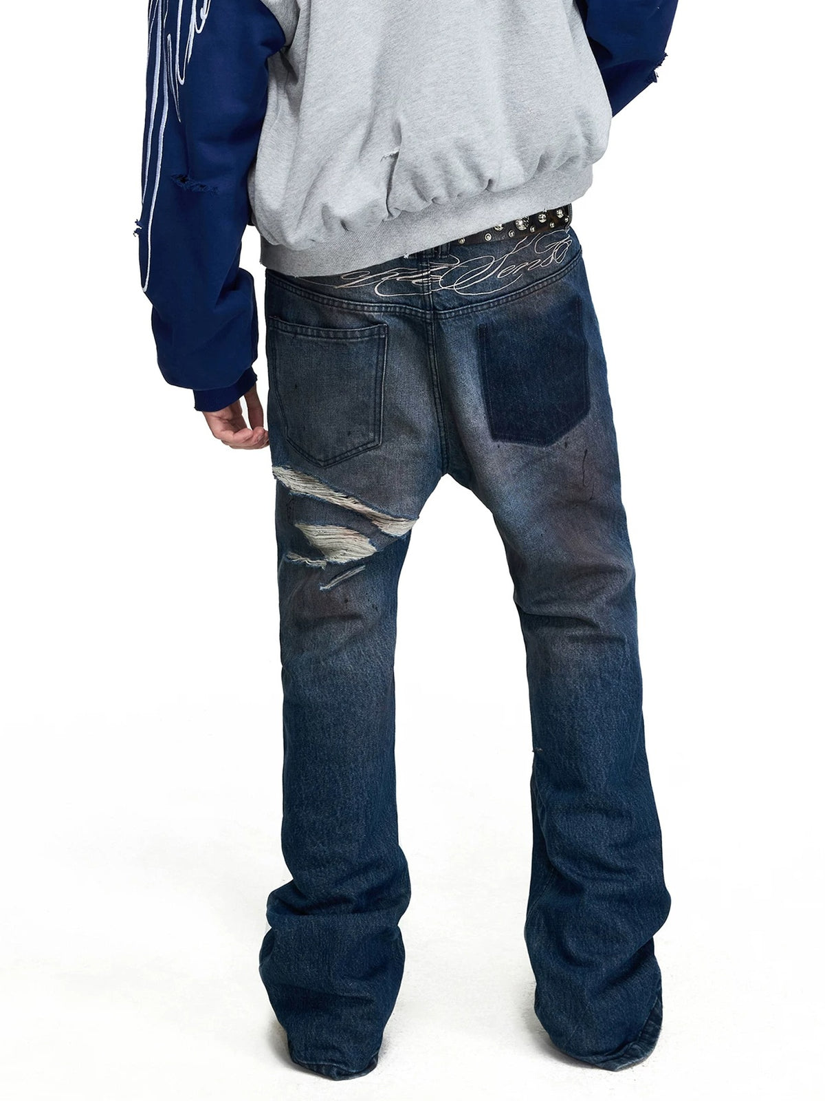 PEOPLESENSE Star Studded Distressed Flared Jeans - back pocket detail