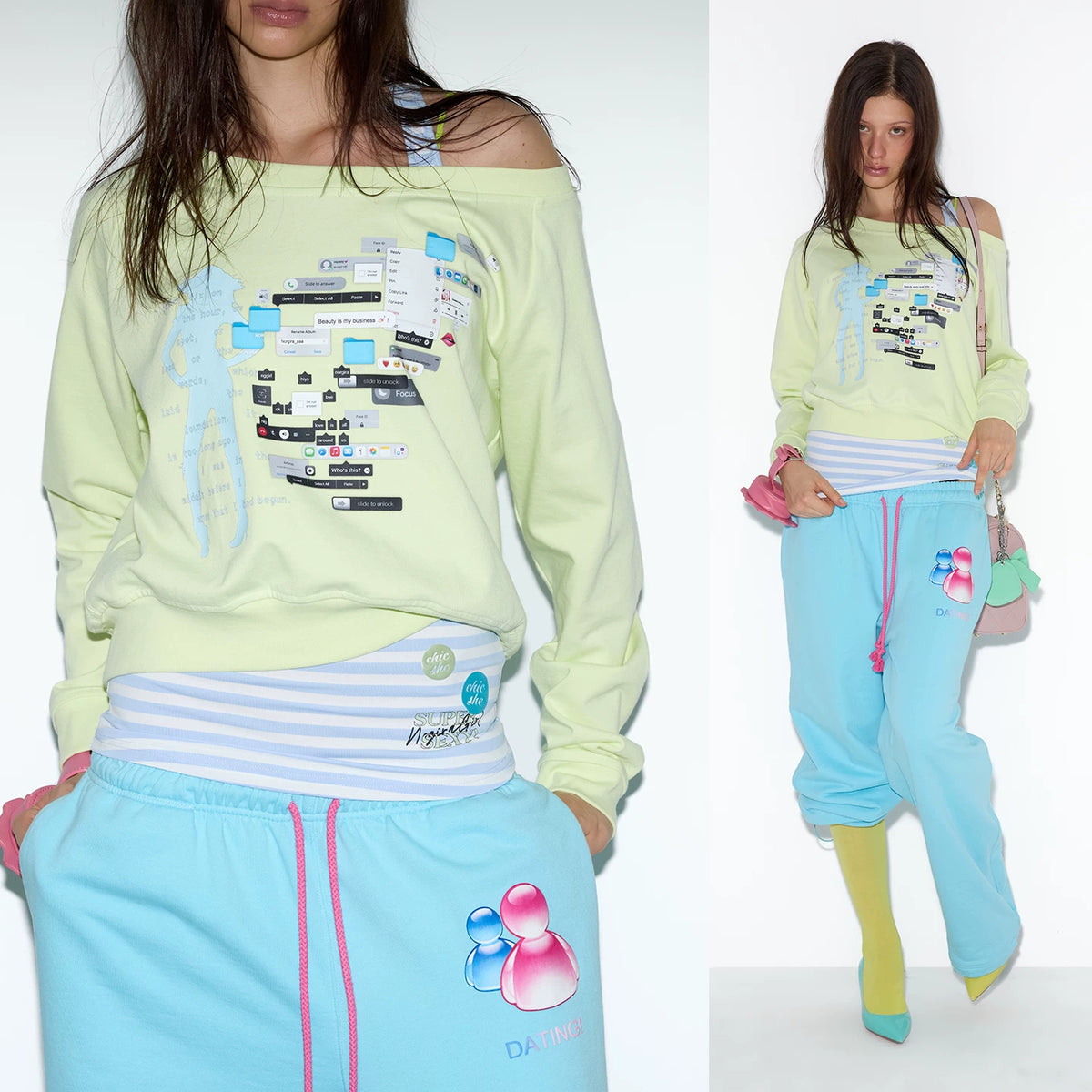 NORGIRA IT ANGEL Lime Graphic Sweatshirt and Striped Tank Set on model