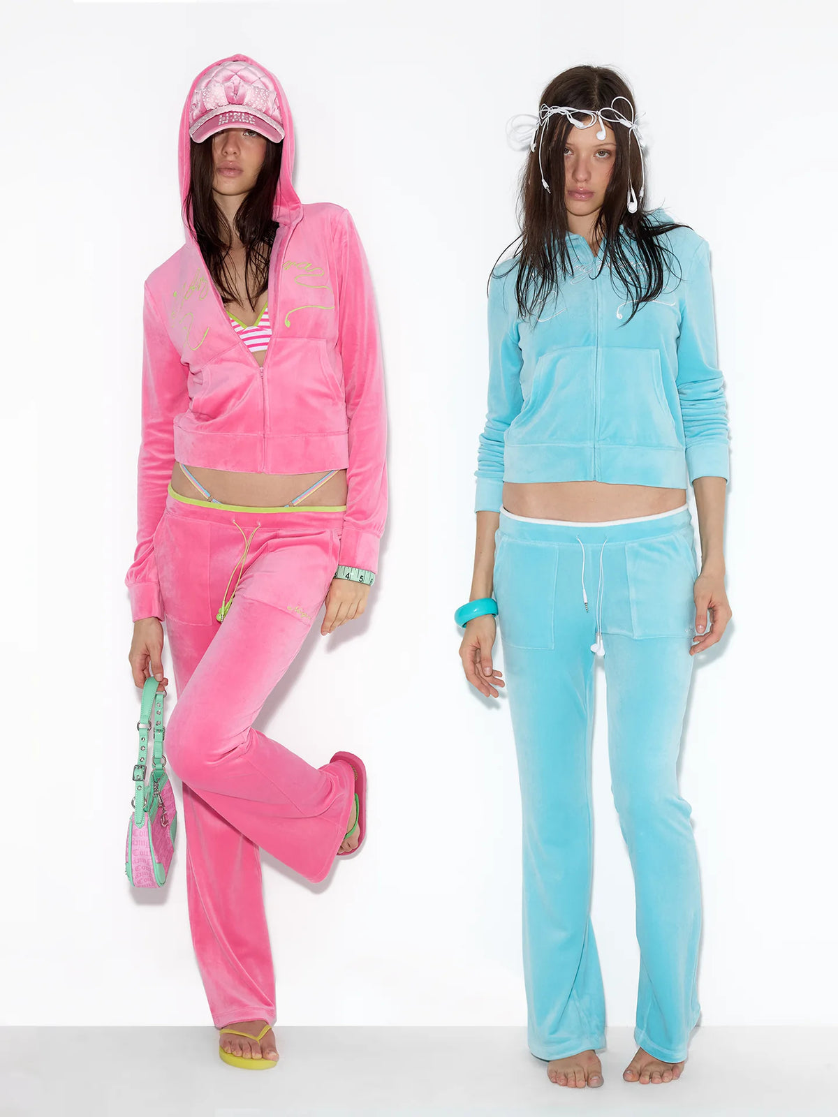 NORGIRA Embroidered Velour Zip Hoodie - pink and blue velour hoodies modeled together