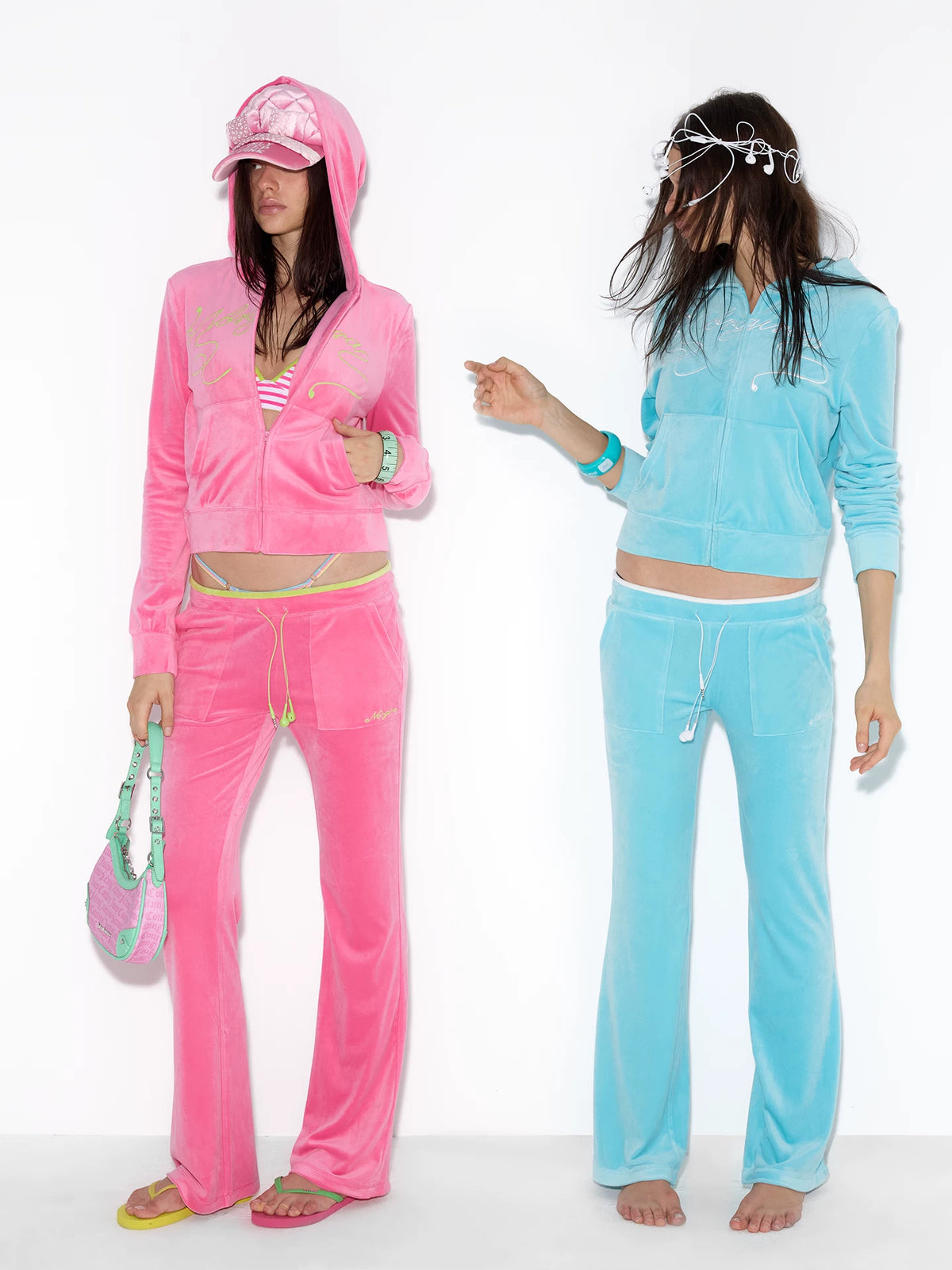 NORGIRA Embroidered Velour Zip Hoodie - pink and blue hoodies front comparison