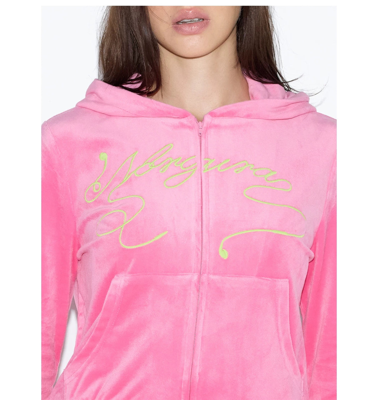 NORGIRA Embroidered Velour Zip Hoodie - pink hoodie front lookbook view
