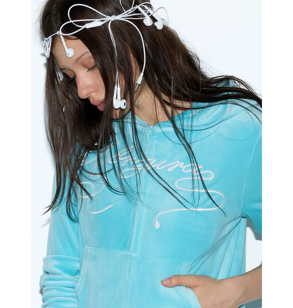 NORGIRA Embroidered Velour Zip Hoodie - blue hoodie back and hood side view