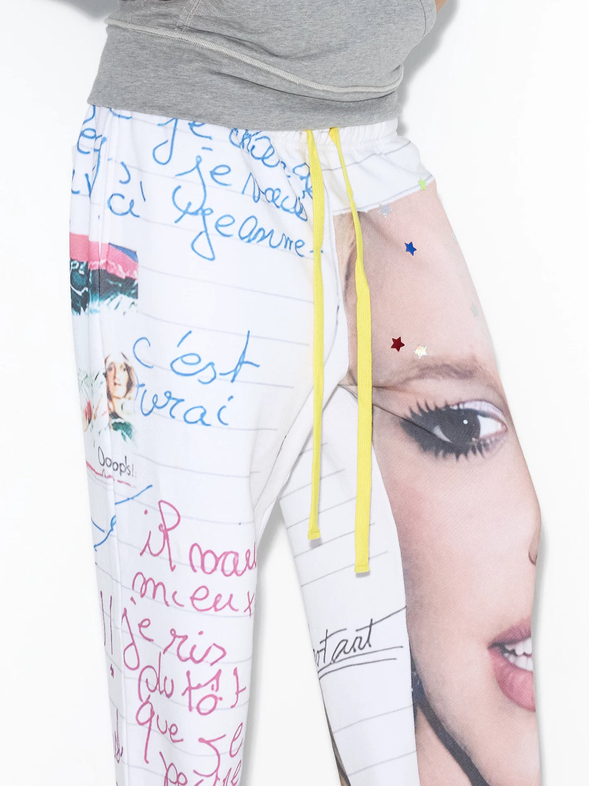 NORGIRA Notebook Print Drawstring Sweatpants - white sweatpants, drawstring and portrait-print close view