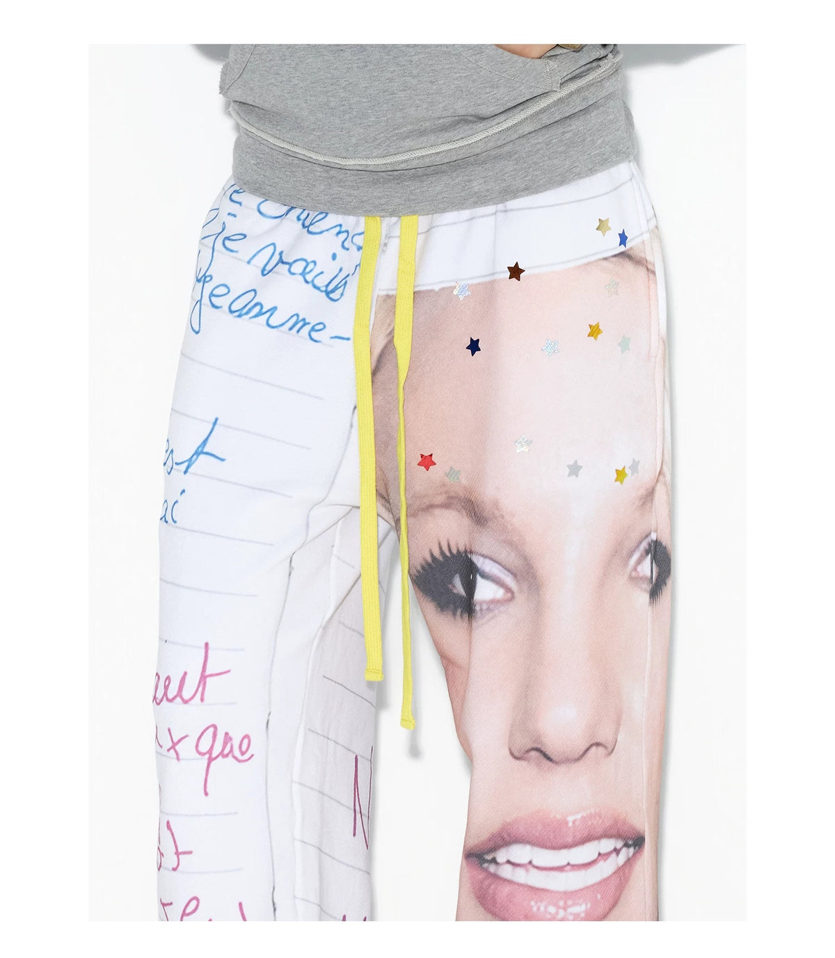 NORGIRA Notebook Print Drawstring Sweatpants - white graphic sweatpants, side print view