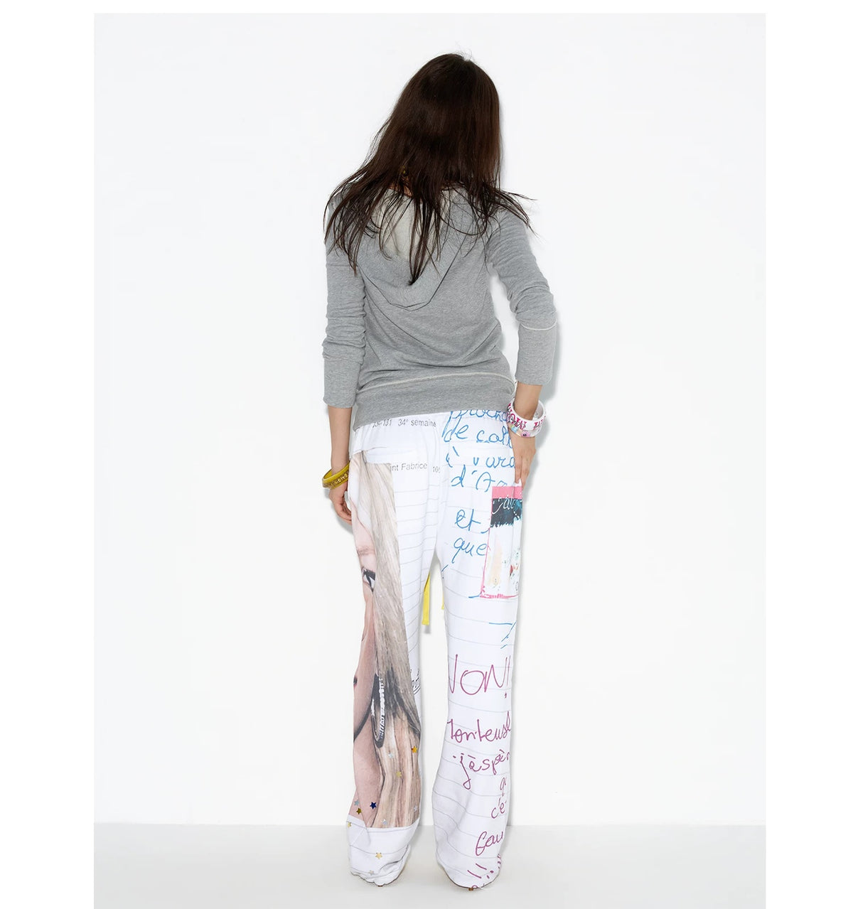 NORGIRA Notebook Print Drawstring Sweatpants - white graphic sweatpants, yellow drawstring and print detail
