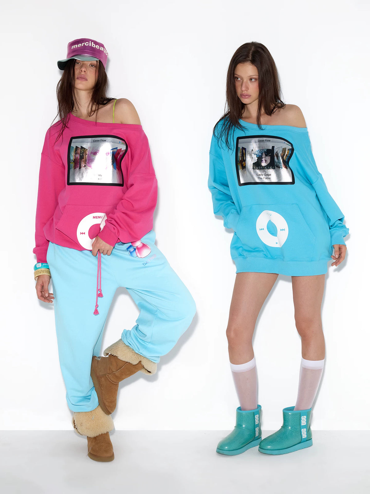 Pink and blue metallic print sweatshirts on models