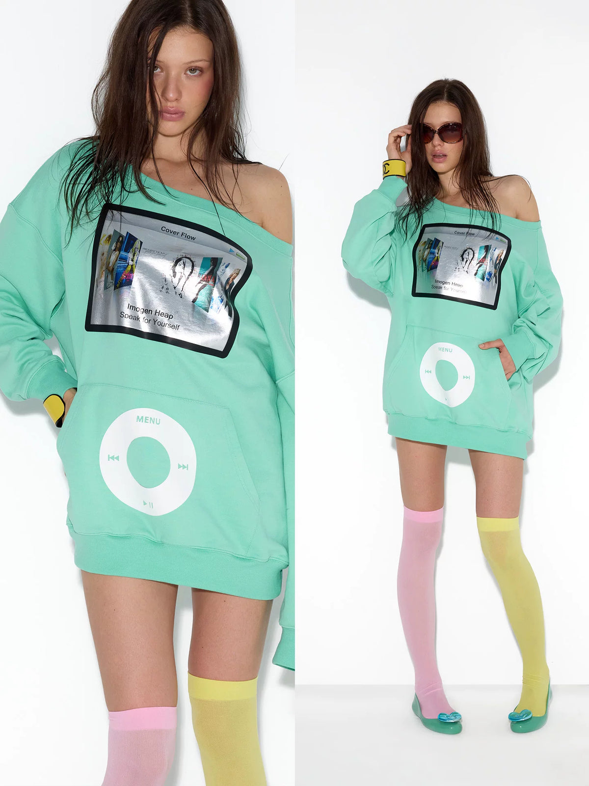 Mint off-shoulder long sweatshirt on model