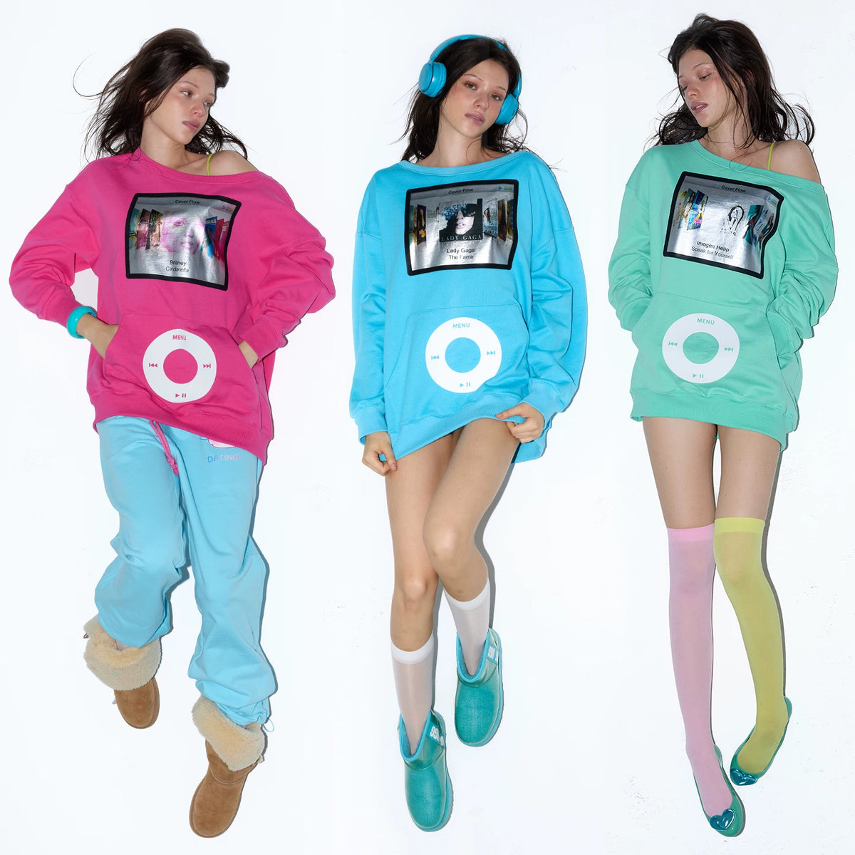 Three colorways of the Norgira graphic sweatshirt