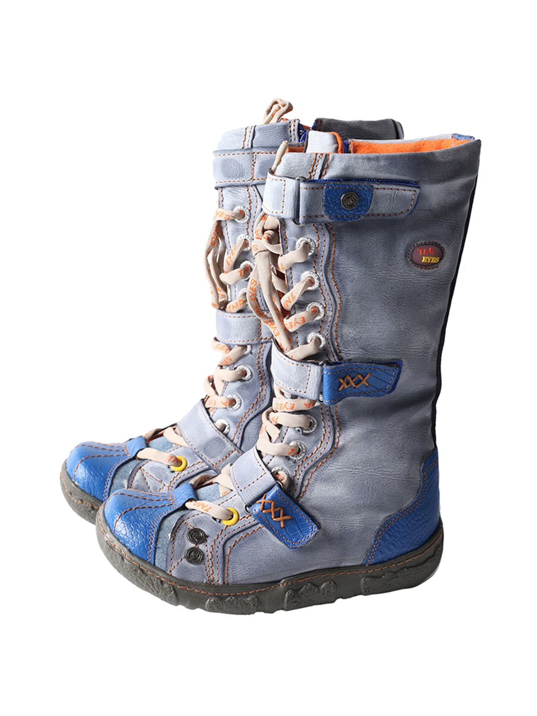 TMA EYES Y2K Washed PU Leather Lace-Up Boots - Blue