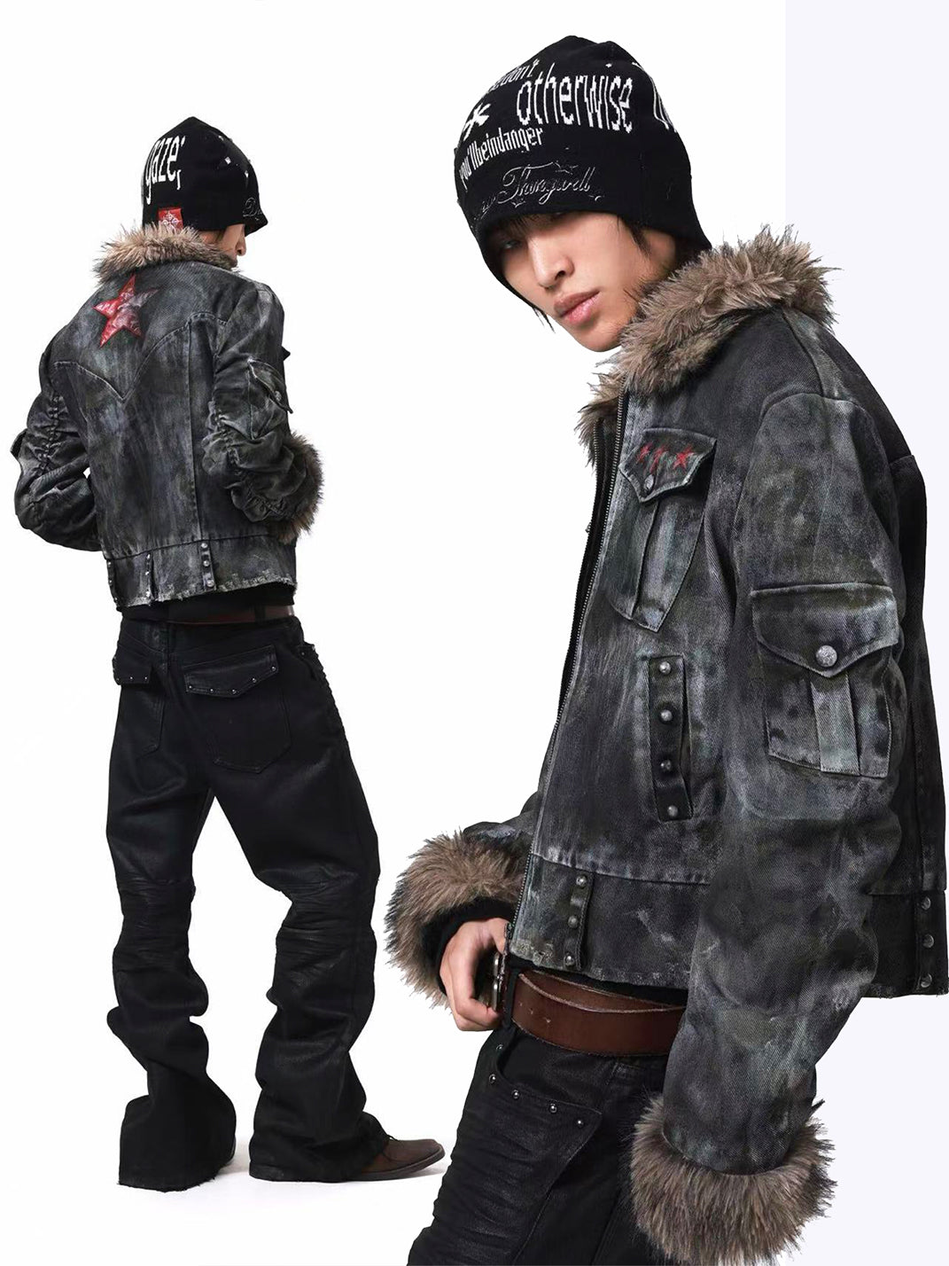 DETW Asymmetric Distressed Studded Fur Collar Jacket - view 10
